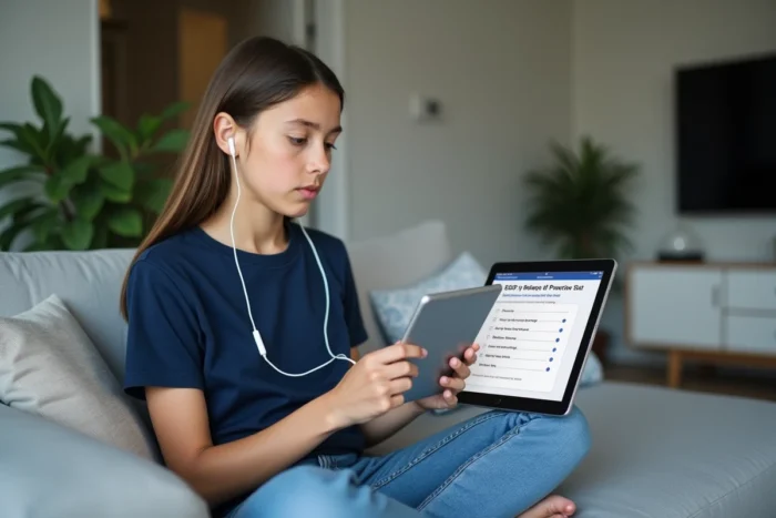 Adolescente révisant le BSR en ligne sur une tablette dans un salon moderne