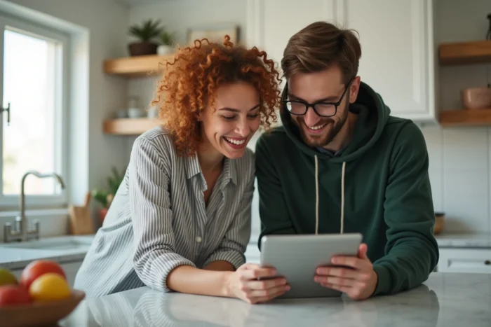 Deux amis explorant ensemble le catalogue de la plateforme de streaming Dibrav sur une tablette dans une cuisine moderne