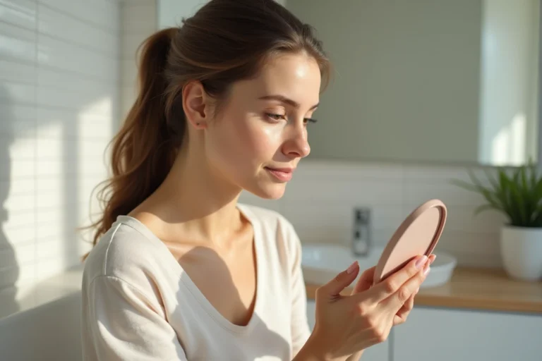 Femme se inspectant la vulve avec miroir dans salle lumineuse