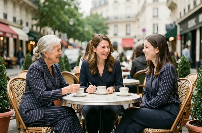 Trois femmes françaises de générations différentes réunies dans un café parisien, illustrant l'évolution des critères de beauté en France