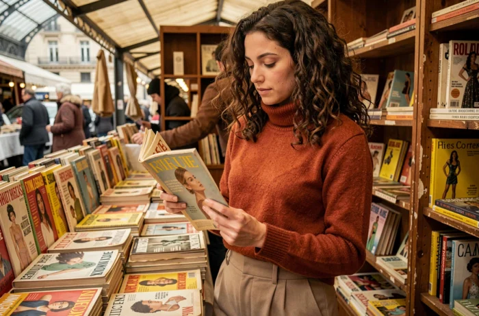 Jeune femme française feuilletant des magazines de beauté vintage dans un marché aux puces parisien, explorant l'histoire des standards de beauté