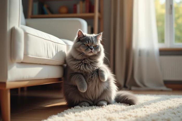 Chat persan gris avec abdomen distendu assis sur le sol d'un salon
