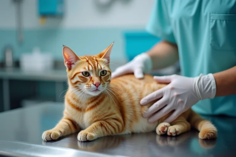 Vétérinaire examinant le ventre gonflé d'un chat tigré sur une table de consultation