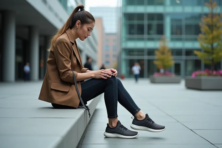Femme professionnelle examinant une chaussure On Flex dans un cadre urbain moderne