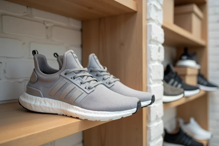 Paire de chaussures On Flex exposée sur une étagère en bois dans une boutique de sneakers minimaliste