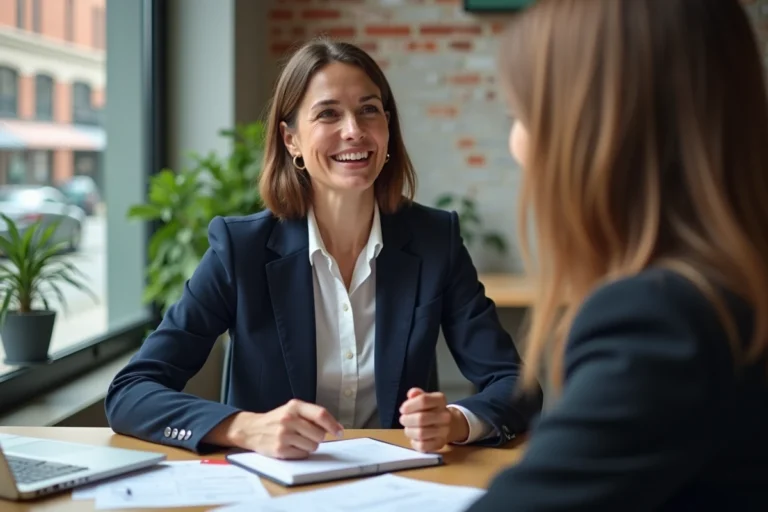 Femme entrepreneuse en session de coaching personnalisé dans un espace de coworking moderne