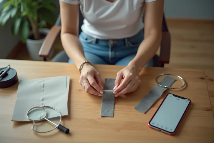 Femme comparant deux grip tapes Yonex pour identifier une contrefaçon à son bureau à domicile