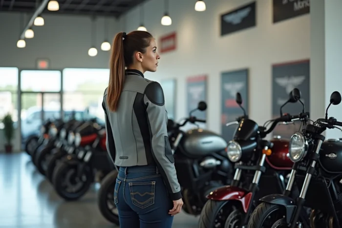 Femme comparant les réservoirs de différents modèles de motos dans une concession moto