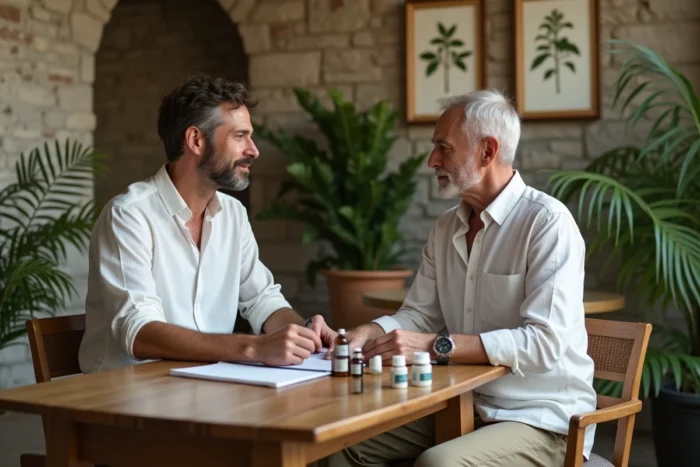 Consultation naturopathique entre un praticien et son client dans un cabinet aux murs en pierre