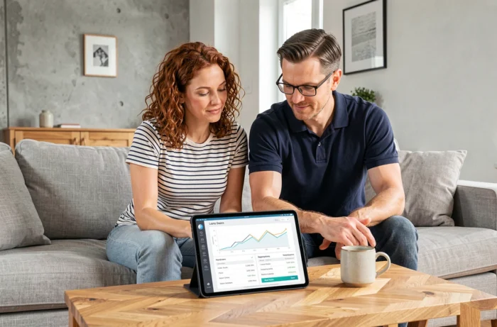 Couple comparant des offres de prêts immobiliers sur une tablette dans leur salon grâce à un outil en ligne de simulation financière