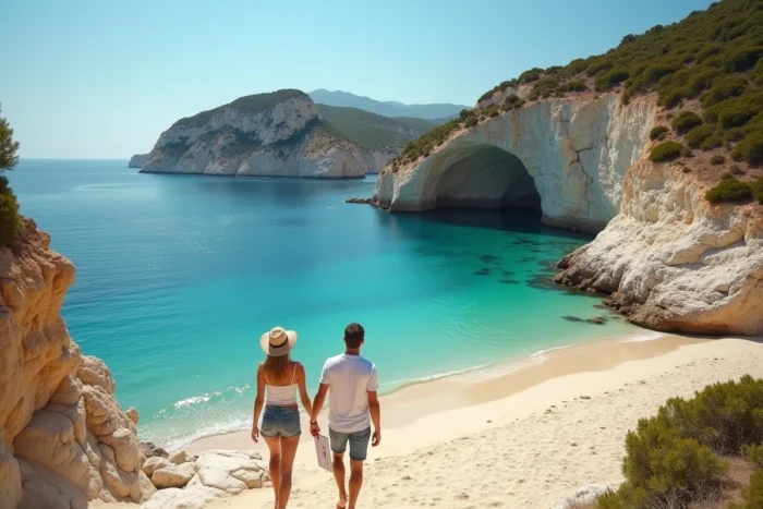 Couple explorant une crique sauvage et isolée de l'île de Zante en Grèce
