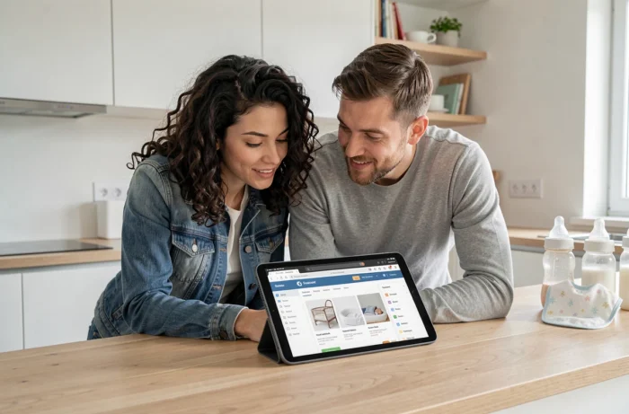 Couple de jeunes parents consultant ensemble le plan d'un site de puériculture sur une tablette dans leur cuisine