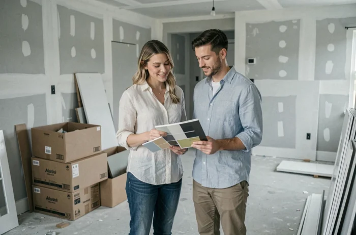 Couple examinant des échantillons de cuisine dans un espace en cours de rénovation avec cartons de meubles