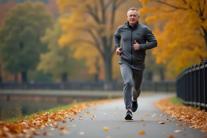 Coureur masculin en chaussures On Flex sur un sentier de bord de rivière en automne
