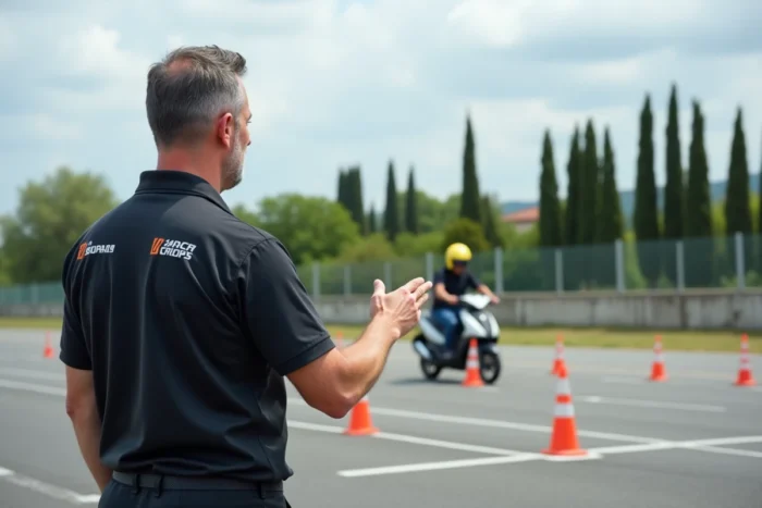 Moniteur de conduite guidant un élève motard sur un circuit d'entraînement pour le permis 125cc en Italie