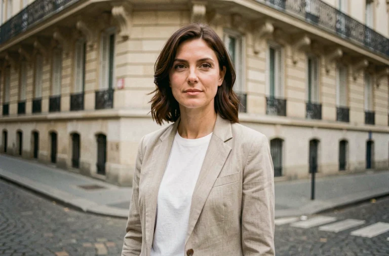 Femme française élégante devant une façade haussmannienne à Paris, incarnant les critères de beauté naturelle et de style français