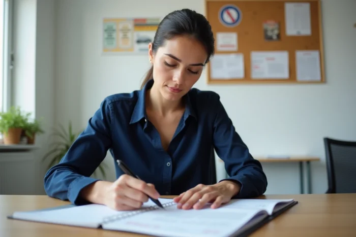 Femme consultant les documents administratifs pour obtenir son permis moto 125 dans une auto-école italienne