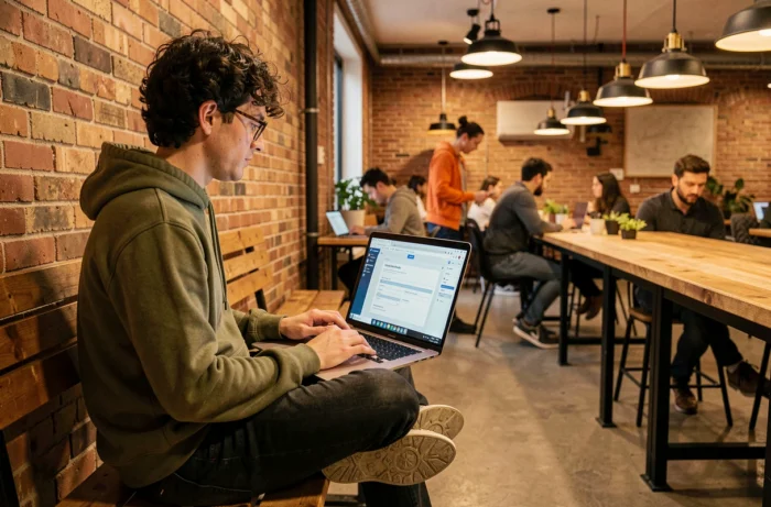 Développeur web indépendant intégrant les mentions légales dans son site internet depuis un espace de coworking
