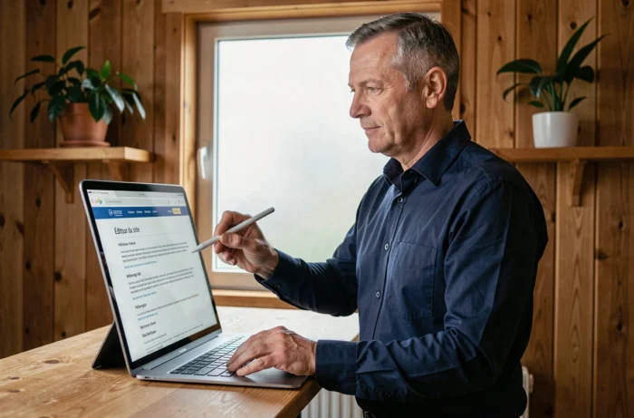Chef d'entreprise consultant les mentions légales obligatoires de son site web sur une tablette dans son bureau