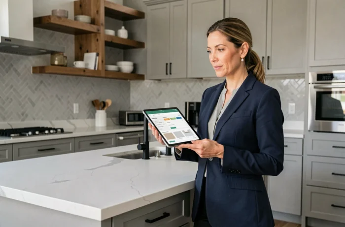 Designer de cuisine tenant une tablette avec estimation de coût de rénovation devant un îlot en quartz blanc