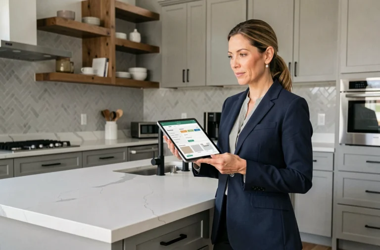 Designer de cuisine tenant une tablette avec estimation de coût de rénovation devant un îlot en quartz blanc