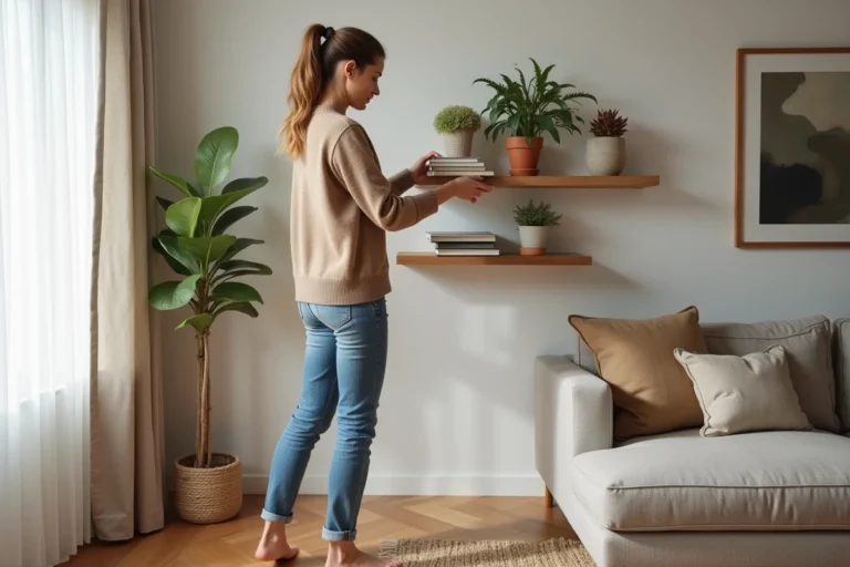 Femme arrangeant des livres et plantes sur une étagère dans un salon chaleureux