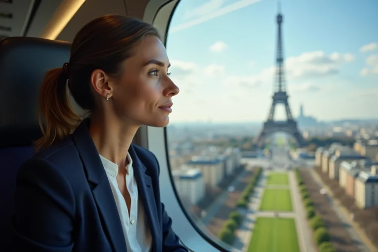Femme en blazer regardant Paris depuis un avion