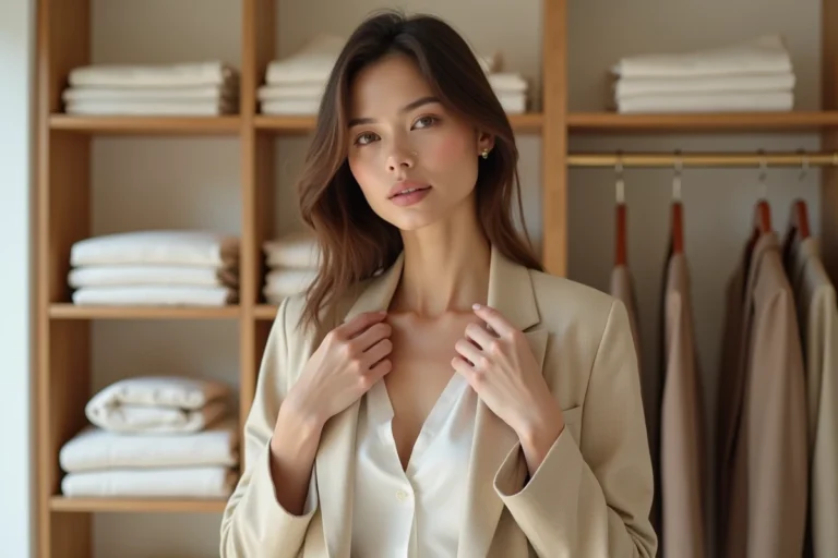 Femme élégante en blazer beige ajustant sa tenue dans une boutique de mode parisienne minimaliste