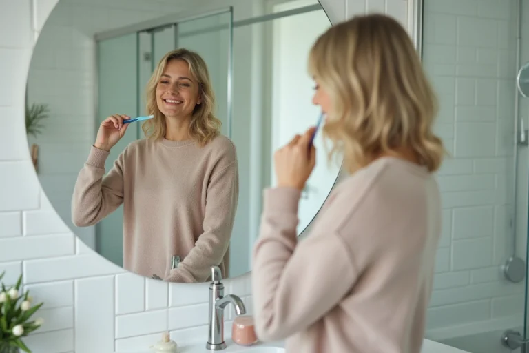 Femme souriante se brossant les dents dans la salle de bain