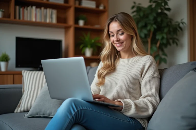 Femme assise sur un canapé regardant un site de streaming