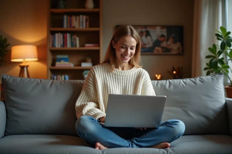 Jeune femme découvrant la plateforme de streaming Dibrav sur son ordinateur portable dans un salon moderne et cosy