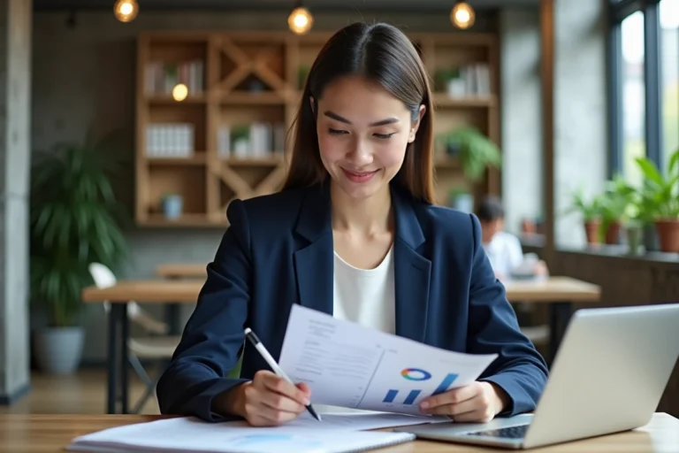 Jeune femme professionnelle étudiant pour un diplôme SEO reconnu dans un espace de co-working moderne