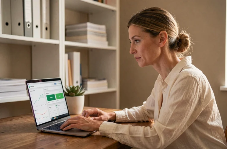 Femme utilisant un outil en ligne de gestion de finances immobilières sur un ordinateur portable dans un bureau à domicile moderne