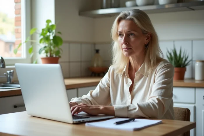 Femme adulte s'inscrivant au BSR en ligne depuis sa cuisine avec un guide imprimé