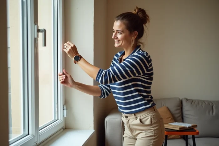 Femme posant un joint d'étanchéité sur une fenêtre du salon, astuce isolation thermique maison