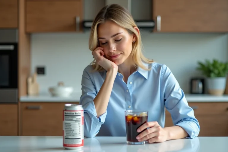 Femme lisant l'étiquette nutritionnelle d'une canette de cola