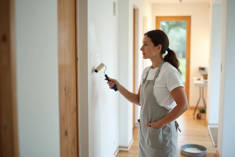 Femme peignant une porte intérieure en blanc dans un couloir moderne, astuce rénovation maison