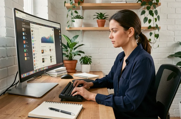 Femme travaillant sur un bureau moderne avec un grand écran et des outils de productivité bureautique