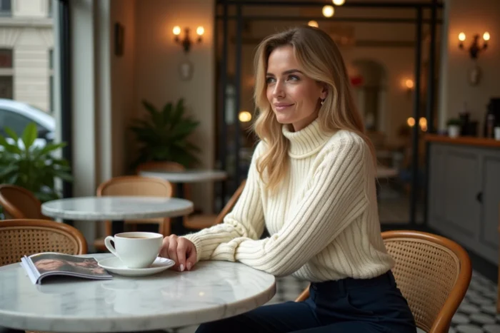 Femme en pull en maille crème assise dans un café parisien avec un magazine de mode tendance
