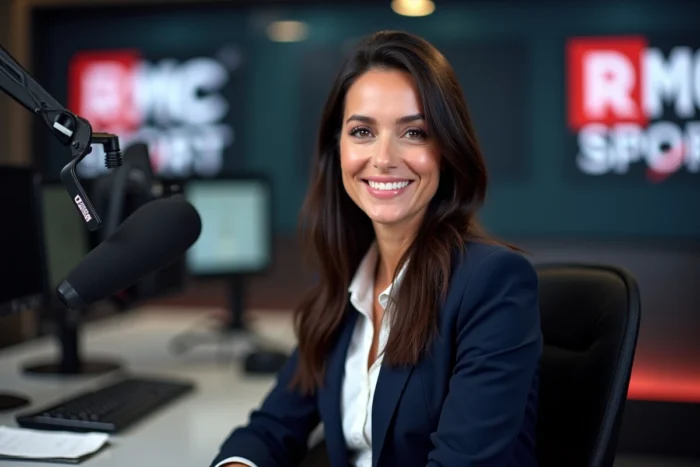 Femme en studio radio RMC Sport souriante et confiante