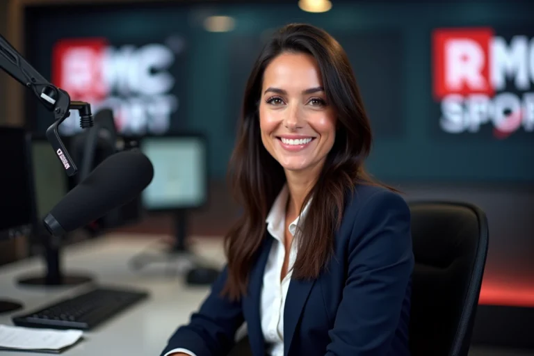Femme en studio radio RMC Sport souriante et confiante