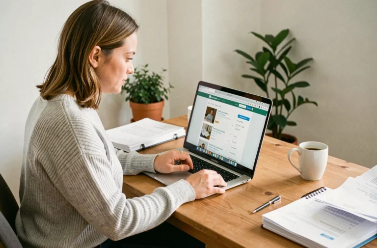 Femme cherchant un emploi en ligne sur son ordinateur portable dans un bureau à domicile