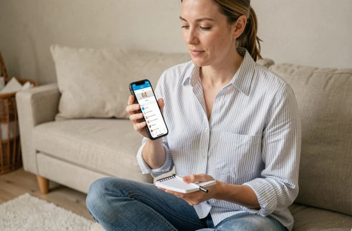 Femme consultant le plan de navigation d'un site de puériculture sur son smartphone depuis son salon