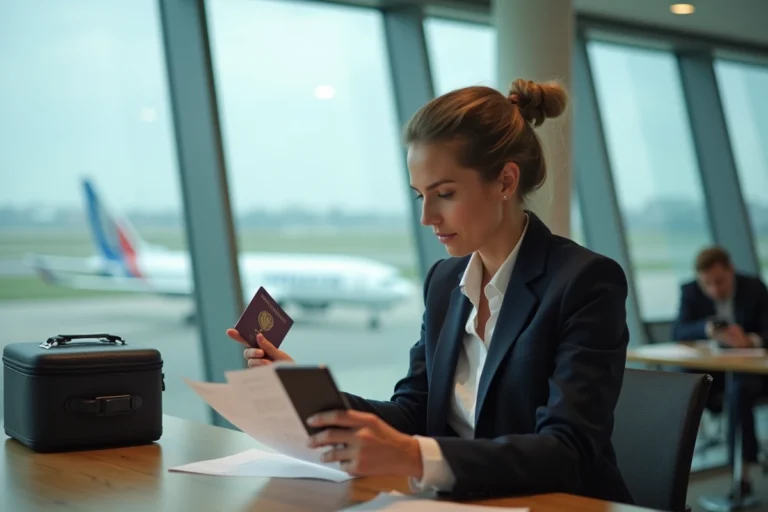 Femme élégante à l'aéroport avec passeport et carte bancaire