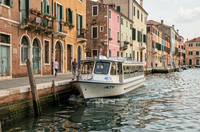 Ferry vaporetto arrivant au débarcadère de l'île de Murano avec le front de mer coloré en arrière-plan