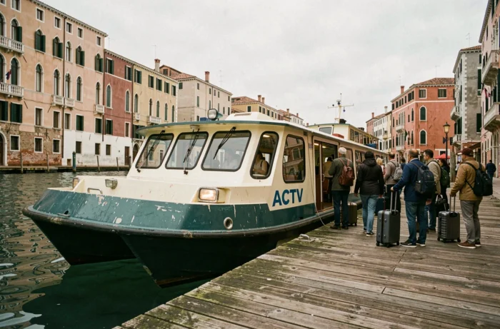 Ferry vaporetto ACTV en partance pour Murano depuis un embarcadère de Venise avec des passagers à bord