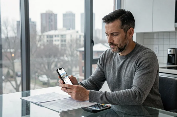 Homme consultant une application mobile de suivi budgétaire immobilier à la table de sa cuisine avec des documents financiers