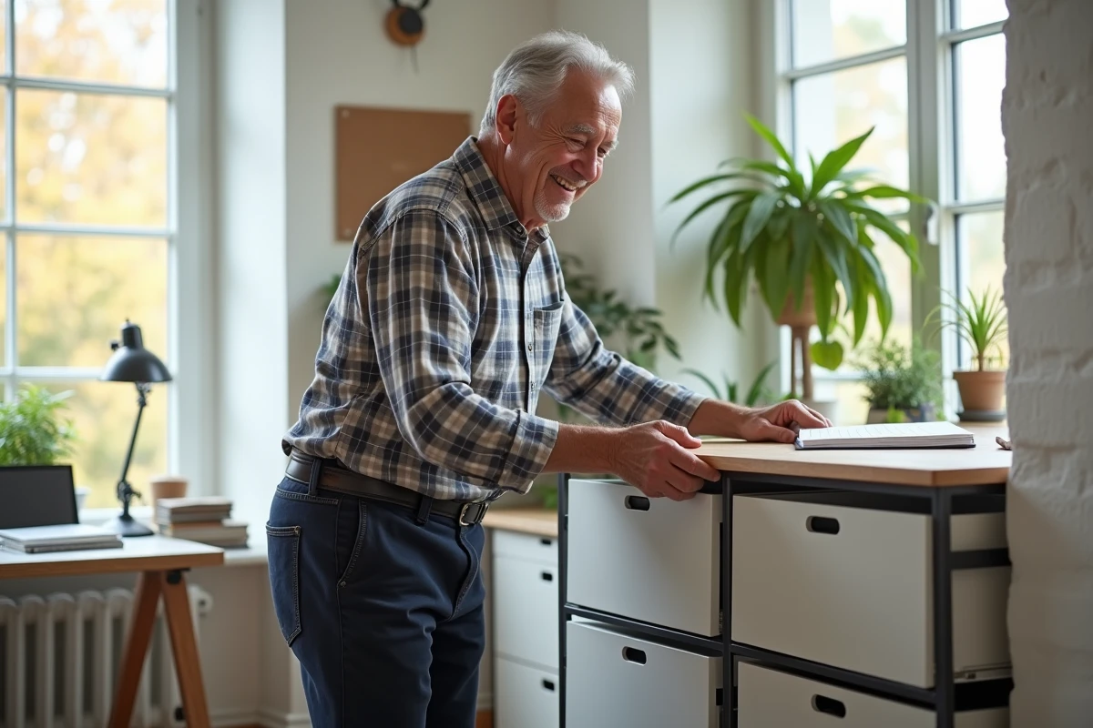 Homme retraité assemblant un meuble de rangement dans un bureau lumineux