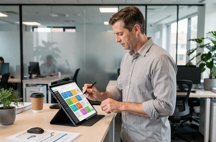 Homme debout à un bureau réglable en hauteur utilisant une tablette pour gérer ses tâches de productivité