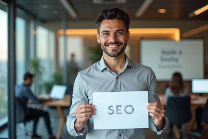 Homme tenant fièrement son diplôme SEO reconnu dans un environnement de bureau professionnel moderne